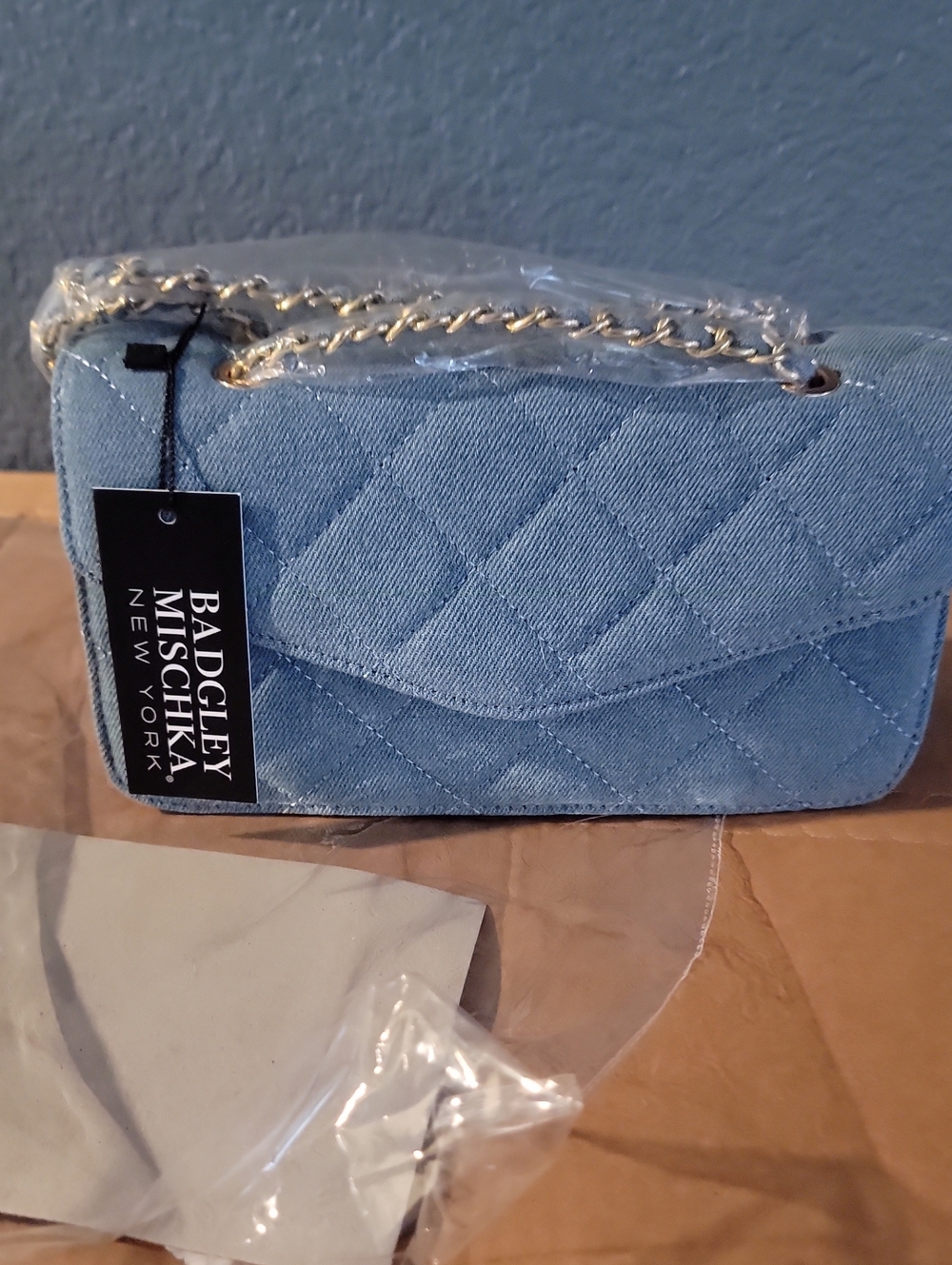 Badgley Mischka Light Blue Quilted Chain Crossbody Bag